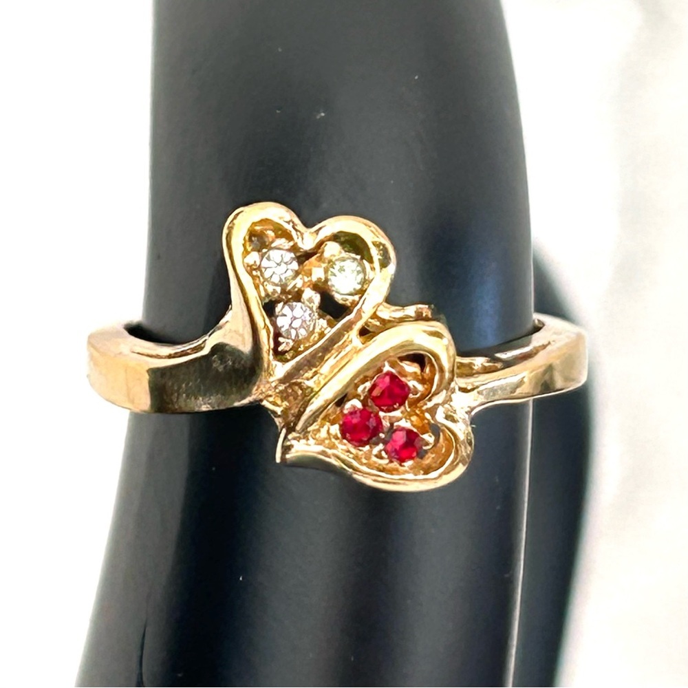 Double Heart Gold Tone Ring Red and White Crystals